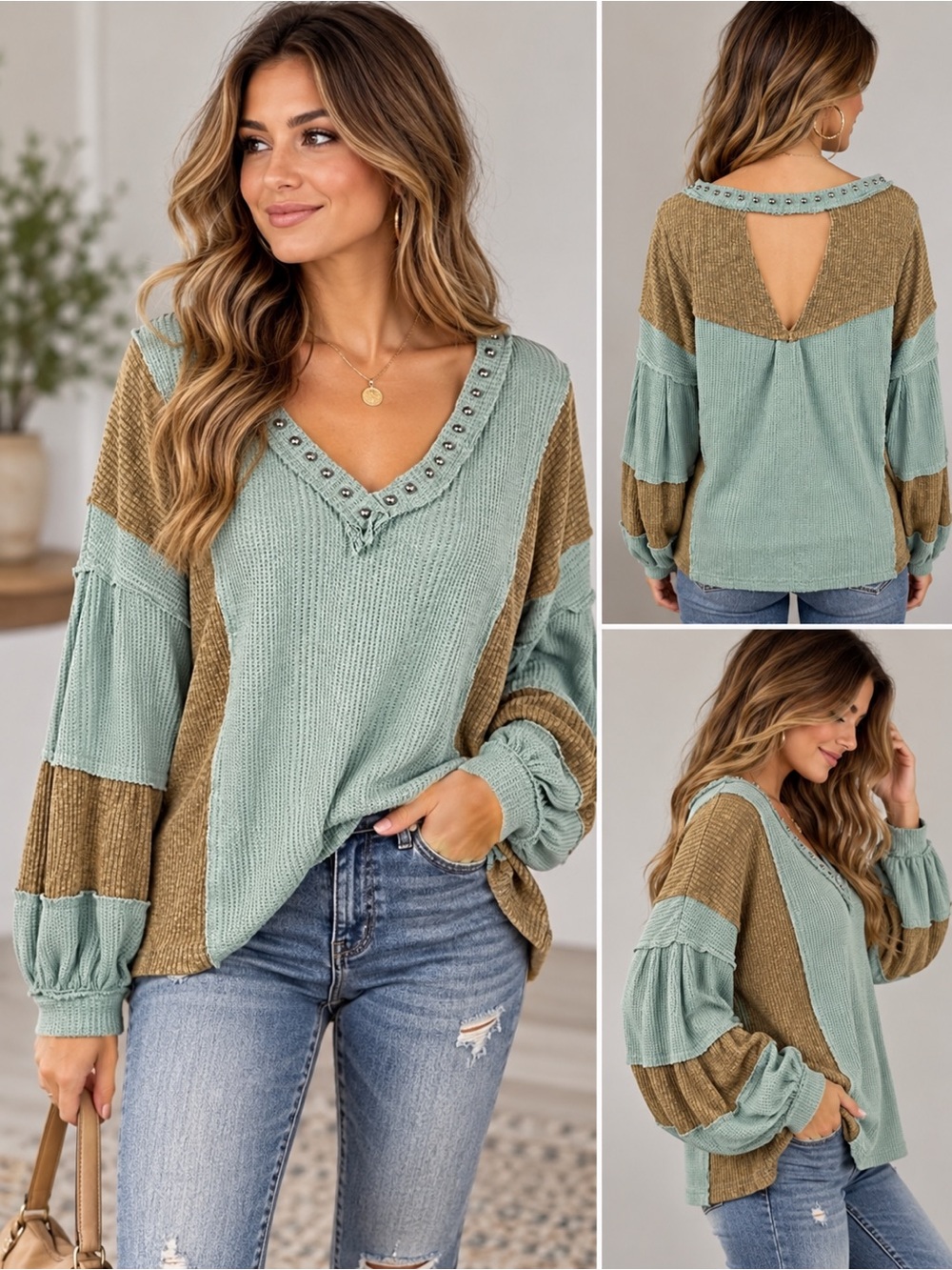 Anthropologie Pol Stud Detail Balloon Sleeve Color Block Top Women's Size Small